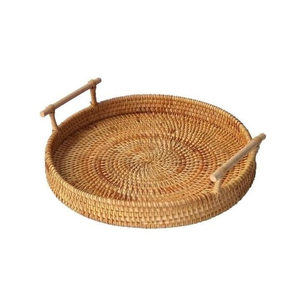Yuvarlak El Dokuma Meyve Depolama Sepeti Rattan Ekmek Servis El Işi Tepsi Tabağı ile Ahşap Saplı Klasik | Depolama Tepsileri (22CM)(Yurt Dışından) Servis Tepsisi Fiyatı