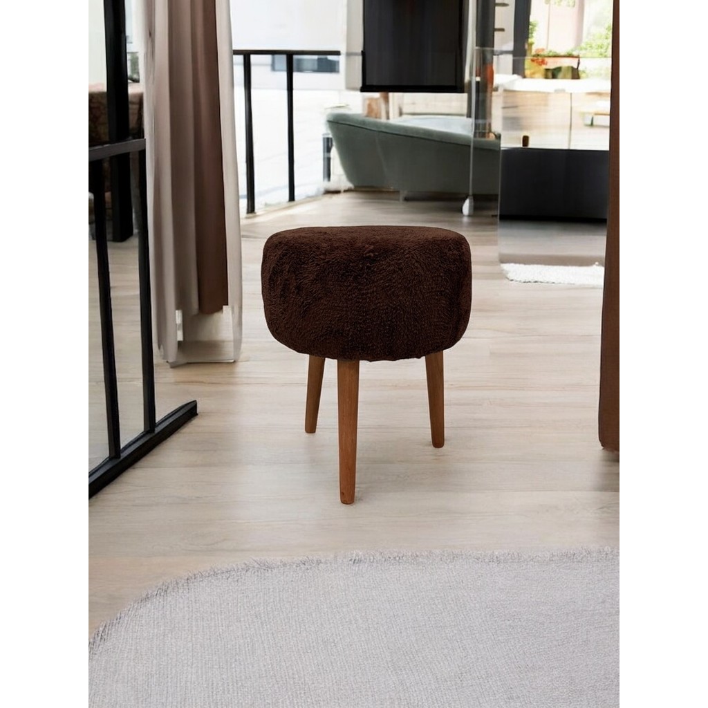Yuvarlak Puf Bench Ahşap Ayaklı Dekoratif Peluş - Kahverengi Anne Bebek Oyuncak Fiyatı
