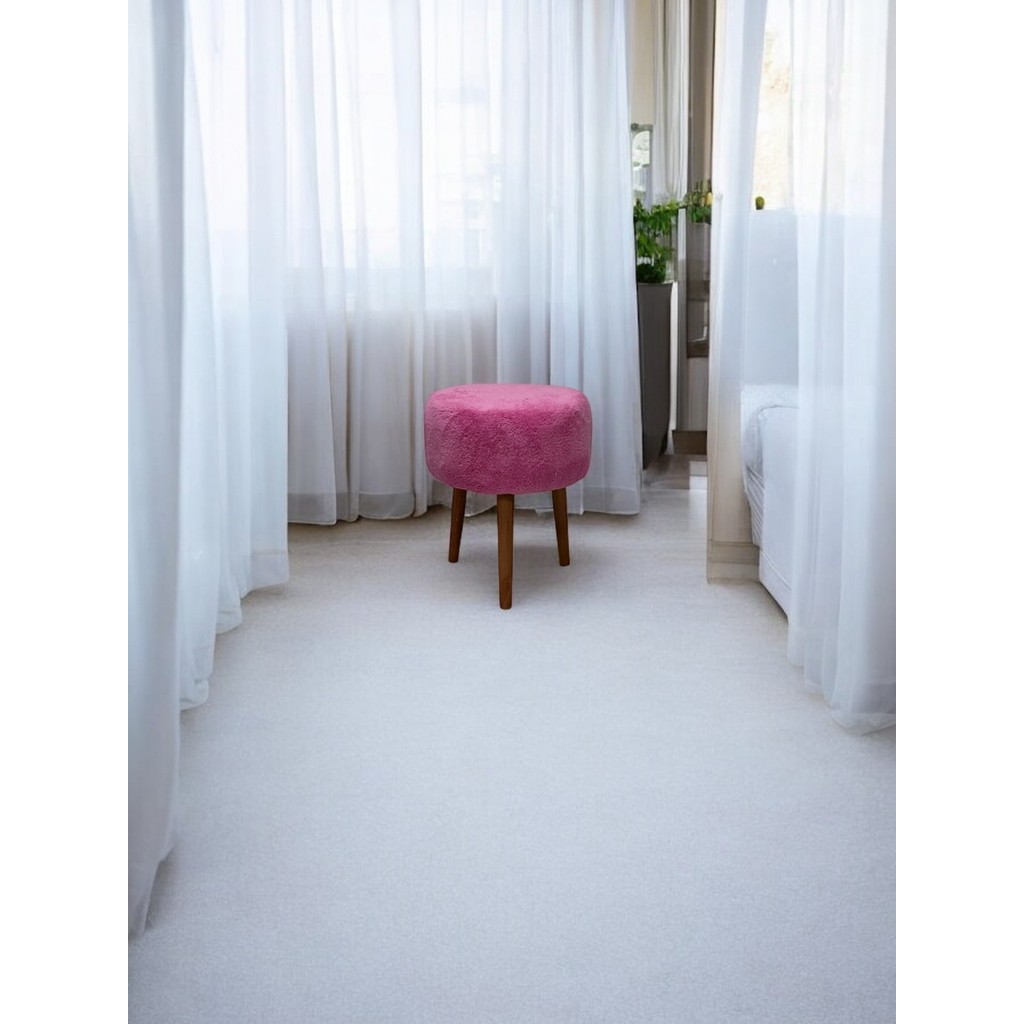 Yuvarlak Puf Bench Ahşap Ayaklı Dekoratif Peluş - Pembe Anne Bebek Oyuncak Fiyatı
