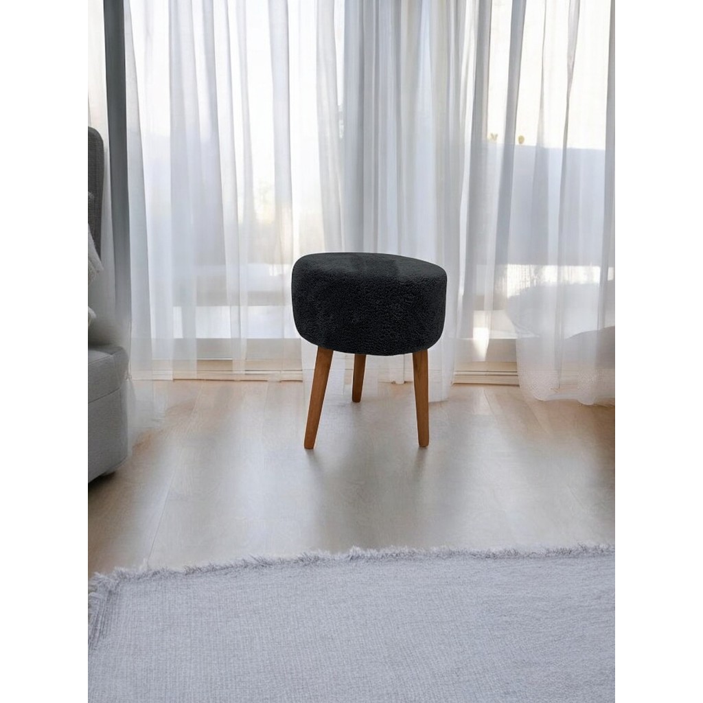 Yuvarlak Puf Bench Ahşap Ayaklı Dekoratif Peluş - Siyah Anne Bebek Oyuncak Fiyatı
