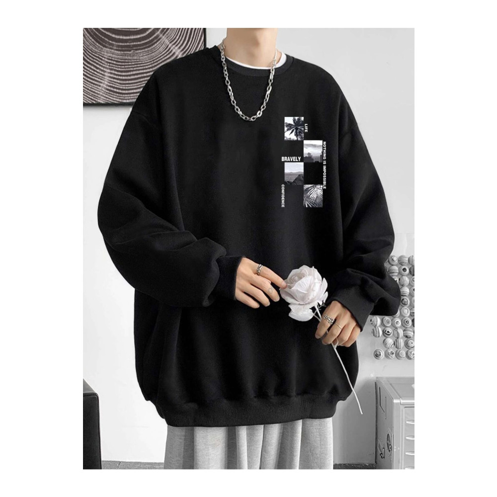 YUVEST Blackrock Unisex Oversize Bravely Baskılı Bisiklet Yaka Siyah Sweatshirt L Beden Bayan Sweatshirt Fiyatı