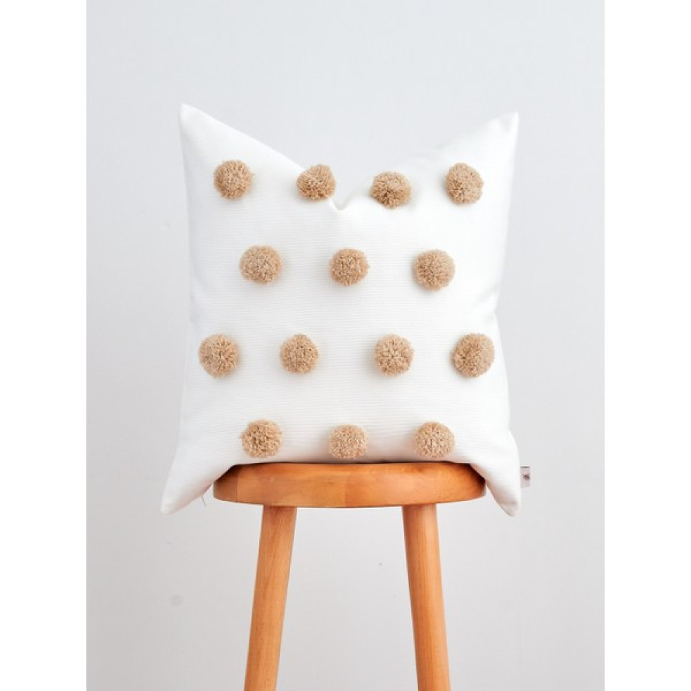 Yüzeyi Ponponlu Beyaz %100 Pamuk Dokuma Kırlent Kılıfı 50X50 cm - 50 x 50 cm - Beyaz - Kahverengi Kırlent / Mobilya Yastığı Fiyatı