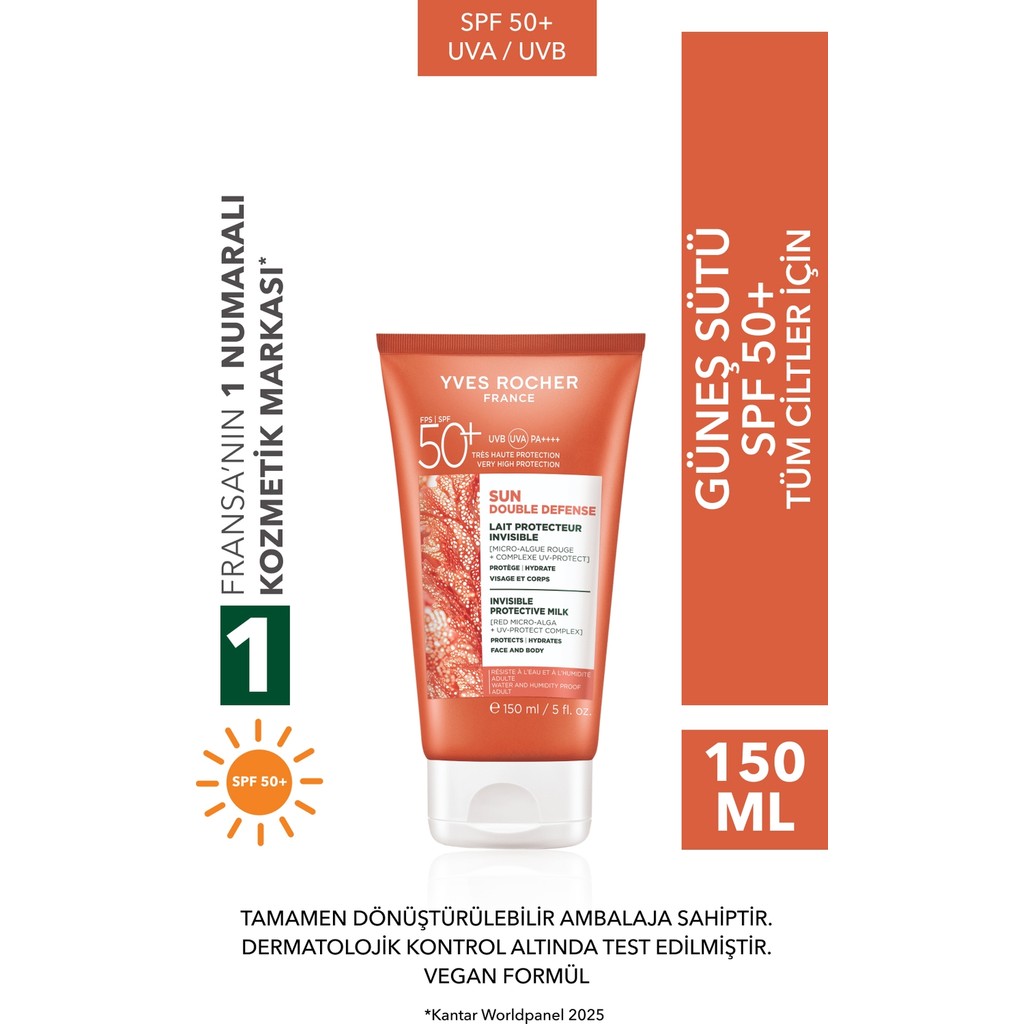 Yves Rocher Yüz&vücut Güneş Losyonu - Spf 50+ / Sun Double Defense - Kırmızı Mikro Alg 150ML Güneş Kremleri ve Losyonları Fiyatı
