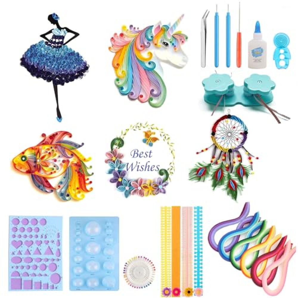 Ywait2long Paper Quilling Kit for Beginners, DIY Craft Kit, Paper Filigree Kit with 5 Different Quilling Patterns, Updated Paper Crimper, Glue and Other Essential Tools - Fun and Creative Gift