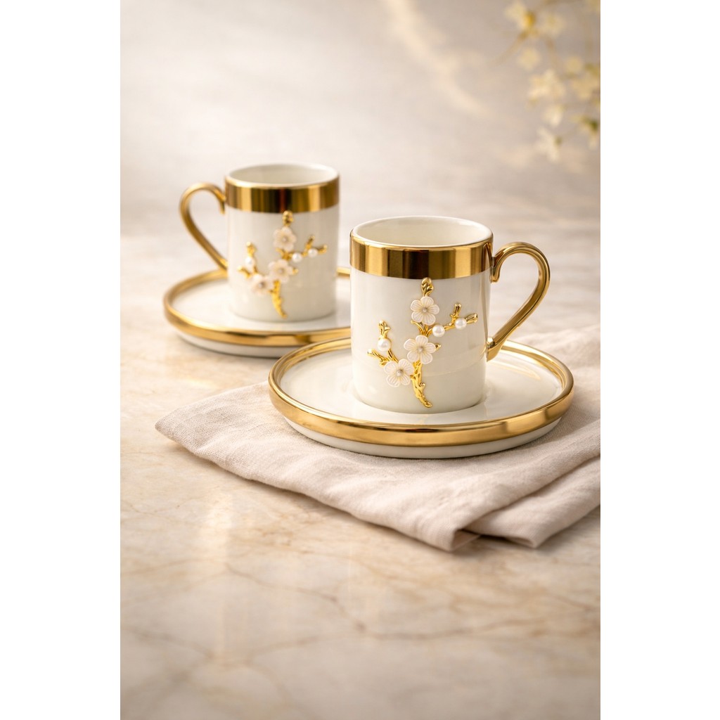 Yzhome 2 Kişilik Lüks Beyaz Gold Yaldızlı Inci Lotus Dallı Kahve Fincan Takımı Seti 100ML - Beyaz - Altın Fincan / Bardak / Kahve Takımı Fiyatı