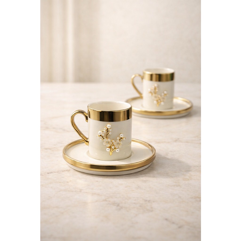 Yzhome 2 Kişilik Lüks Beyaz Gold Yaldızlı Inci Lotus Kahve Fincan Takımı Seti 100ML - Beyaz - Altın Fincan / Bardak / Kahve Takımı Fiyatı