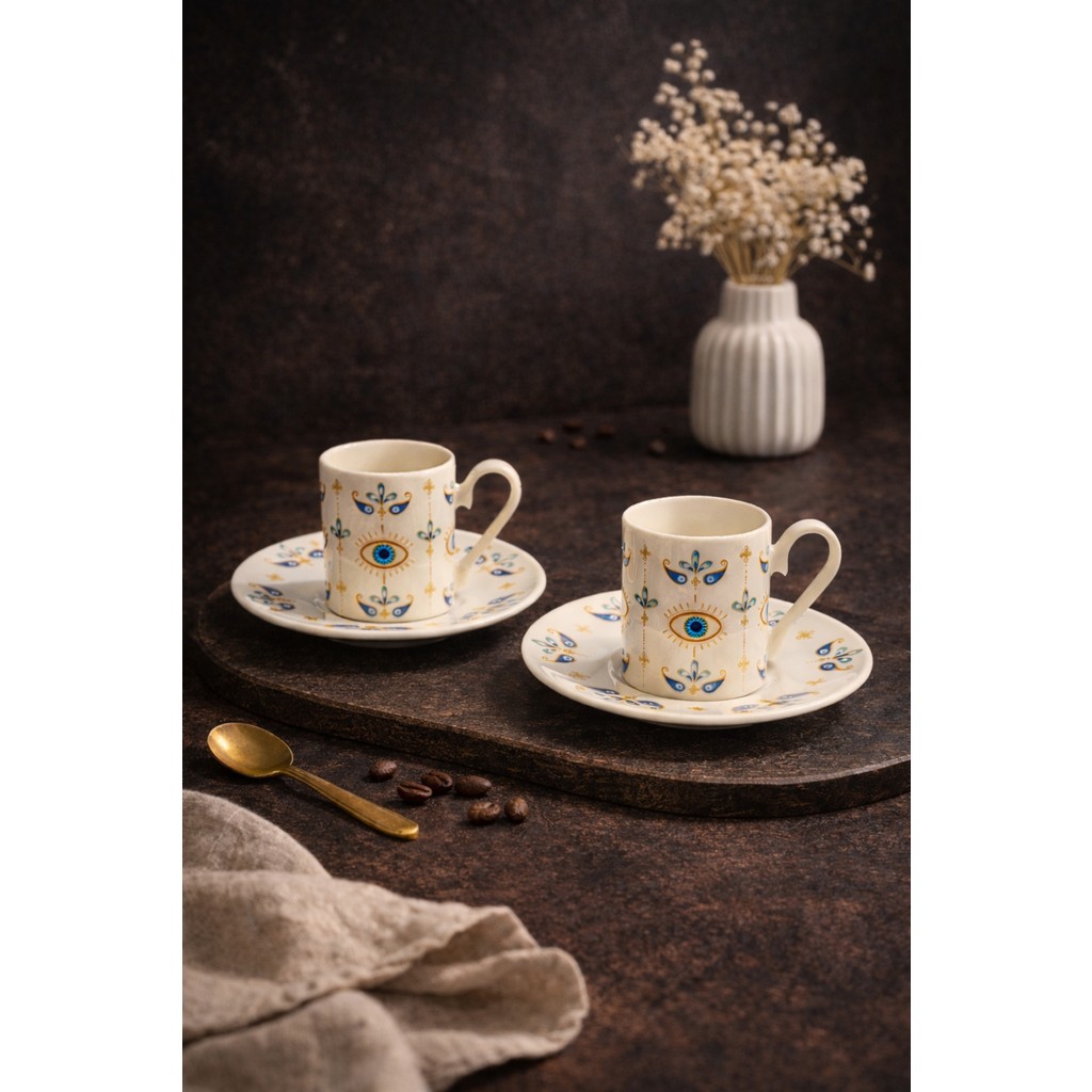 Yzhome 2 Kişilik Porselen Nazar Göz Kahve Fincan Takımı Seti 90ML - Beyaz Fincan / Bardak / Kahve Takımı Fiyatı