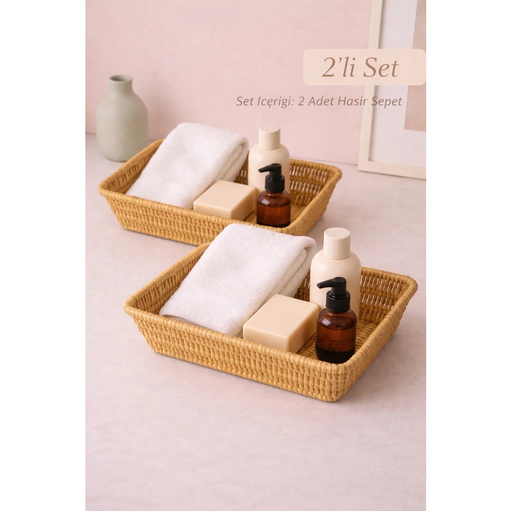 Yzhome 2 Li Dikdörtgen Hasır Servis Sunumluk Sepet Organizer Düzenleyici Ekmeklik 27*20CM - Sarı Diğer Fiyatı