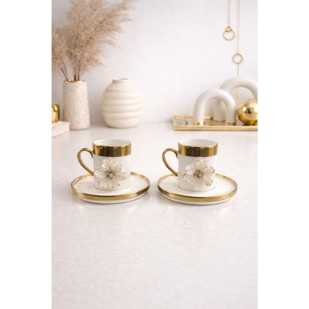 Yzhome 2 Li Gold Yaldızlı Porselen Lotus Çiçek Kahve Fincan Takımı 100ML - Beyaz - Altın Fincan / Bardak / Kahve Takımı Fiyatı
