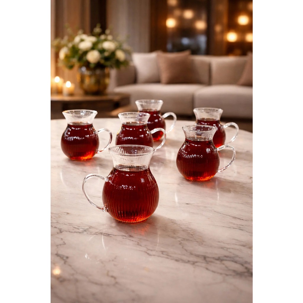 Yzhome 6'lı Keyfi Ala Çizgili Borosilikat Cam Kulplu Çay Bardağı 220ML Bardak - Şeffaf Fincan / Bardak / Kahve Takımı Fiyatı