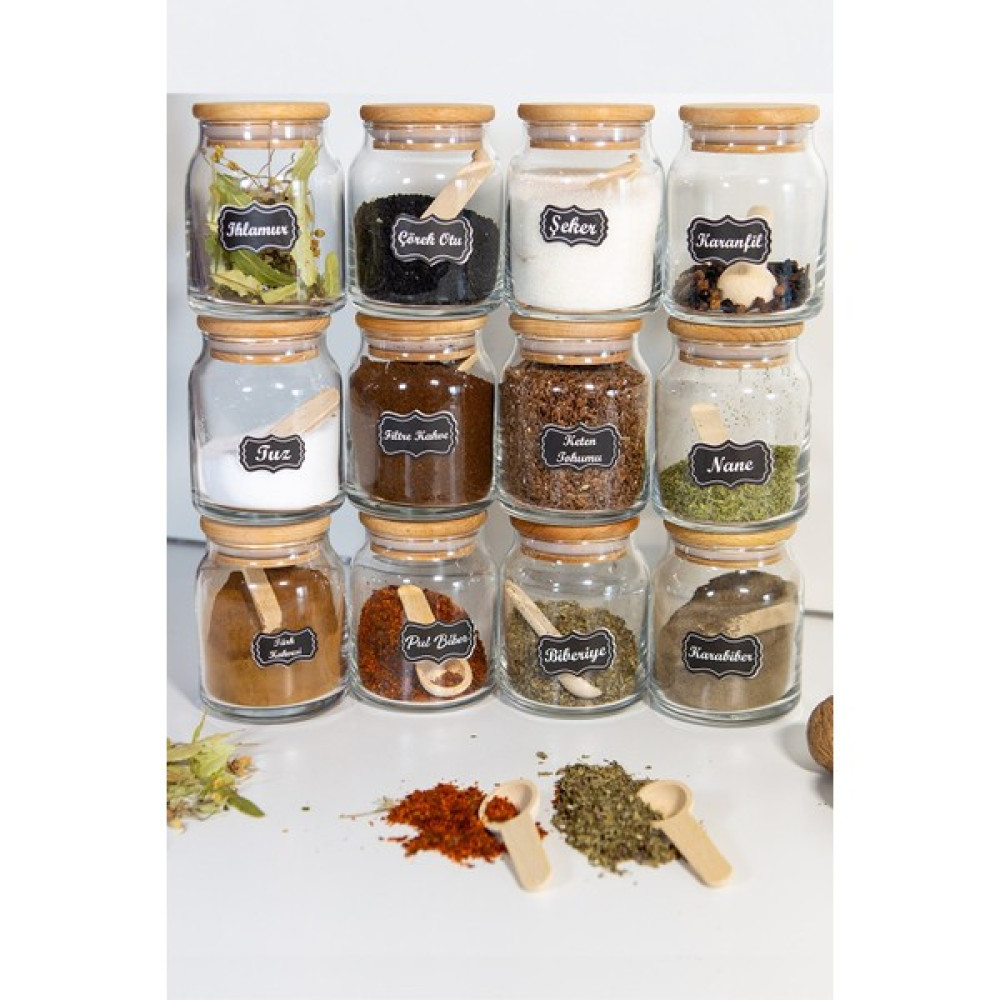 Yzhome Etiketli Bambu Kapaklı 500 ml. 12 Adet Kavanoz Saklama Kabı ve 12 Adet Mini Baharat Kaşığı - 500 ml Saklama Kapları Fiyatı