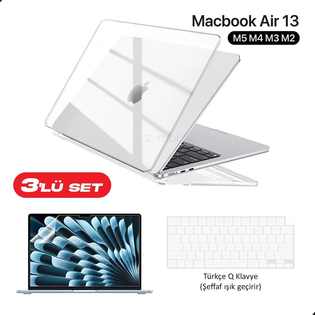 Z-Mobile Macbook Air 13" M5 M4 M3 M2 Koruyucu Kılıf A2681 A3113 A3240 A3449 Tam Uyumlu 3'lü Set Kılıf Kapak, Ekran ve Klavye Koruyucu Klavye - Mouse Fiyatı