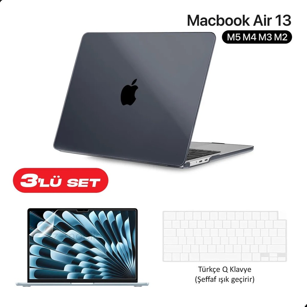 Z-Mobile Macbook Air 13" M5 M4 M3 M2 Koruyucu Kılıf A2681 A3113 A3240 A3449 Tam Uyumlu 3'lü Set Kılıf Kapak Ekran ve Klavye Koruyucu Siyah Şeffaf Klavye - Mouse Fiyatı