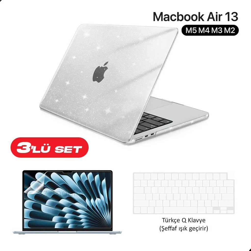 Z-Mobile Macbook Air 13" M5 M4 M3 M2 Koruyucu Kılıf A2681 A3113 A3240 A3449 Tam Uyumlu Set Kılıf Kapak Ekran ve Klavye Koruyucu Simli Şeffaf Klavye - Mouse Fiyatı