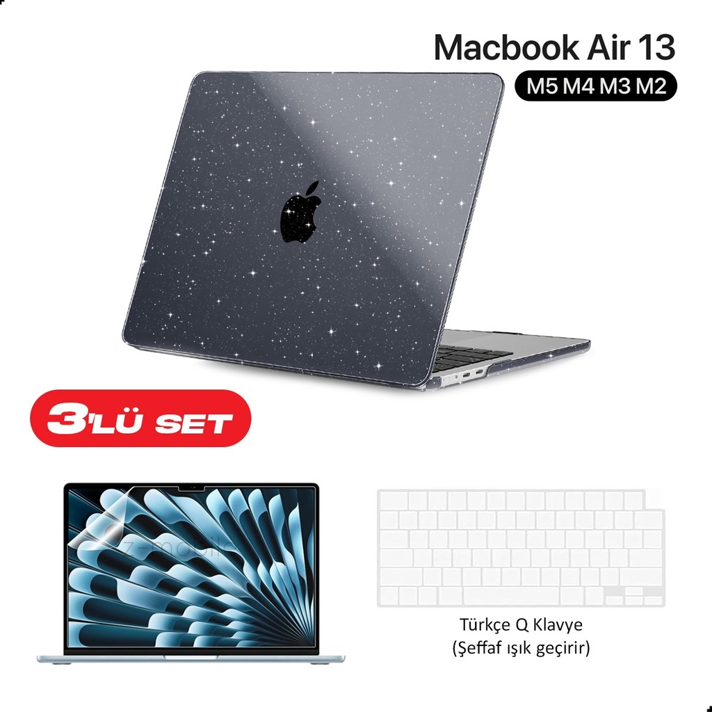 Z-Mobile Macbook Air 13" M5 M4 M3 M2 Koruyucu Kılıf A2681 A3113 A3240 A3449 Tam Uyumlu Set Kılıf Kapak Ekran ve Klavye Koruyucu Simli Siyah Klavye - Mouse Fiyatı