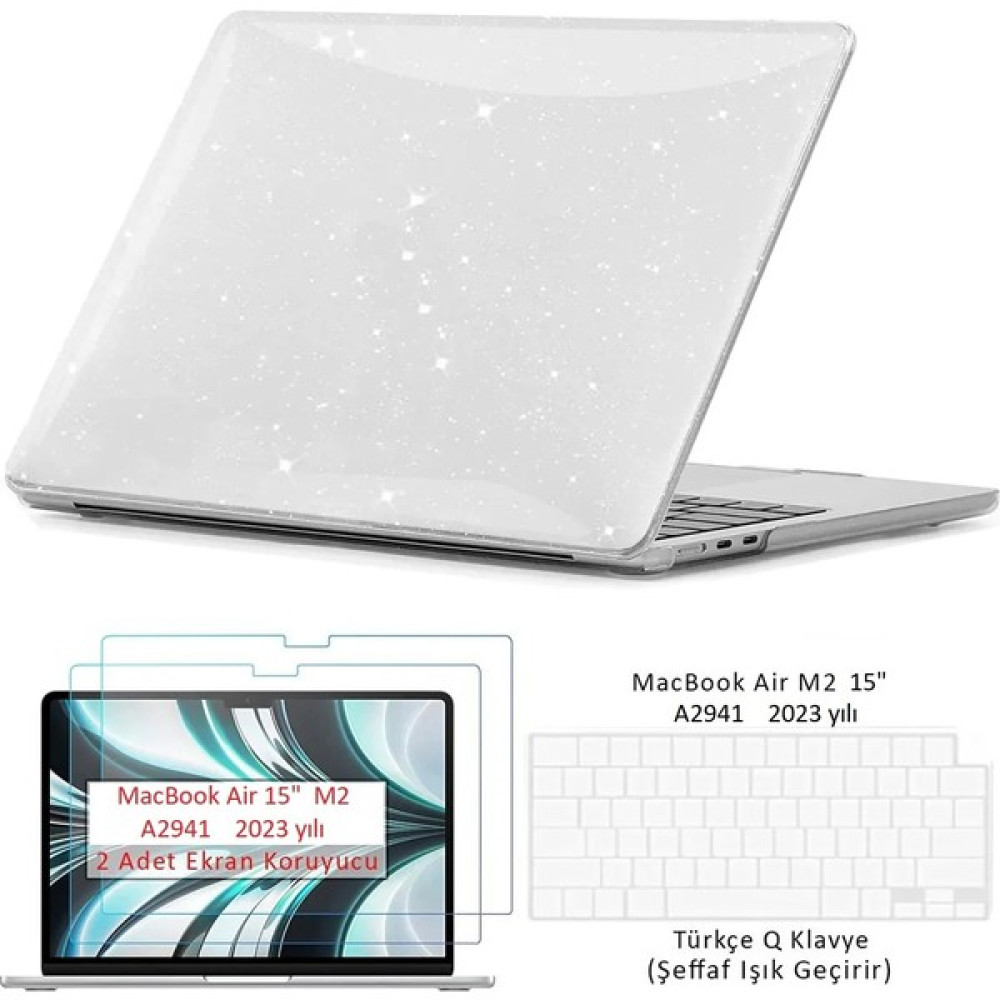Z-Mobile Macbook Air 15 M2 2023 A2941 Uyumlu Set Simli Kılıf Kapak Klavye Koruyucu Ekran Koruyucu Film - Simli Şeffaf Tablet Pc Aksesuarları Fiyatı