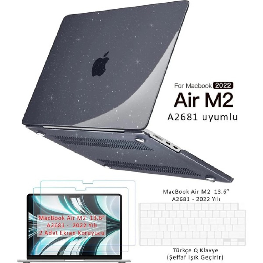 Z-Mobile Macbook Air M2 13.6" 2022 A2681 Tam Uyumlu Set Kılıf Kapak Klavye Koruyucu Ekran Koruyucu Film - Simli Siyah Parlak 02 Tablet Pc Aksesuarları Fiyatı