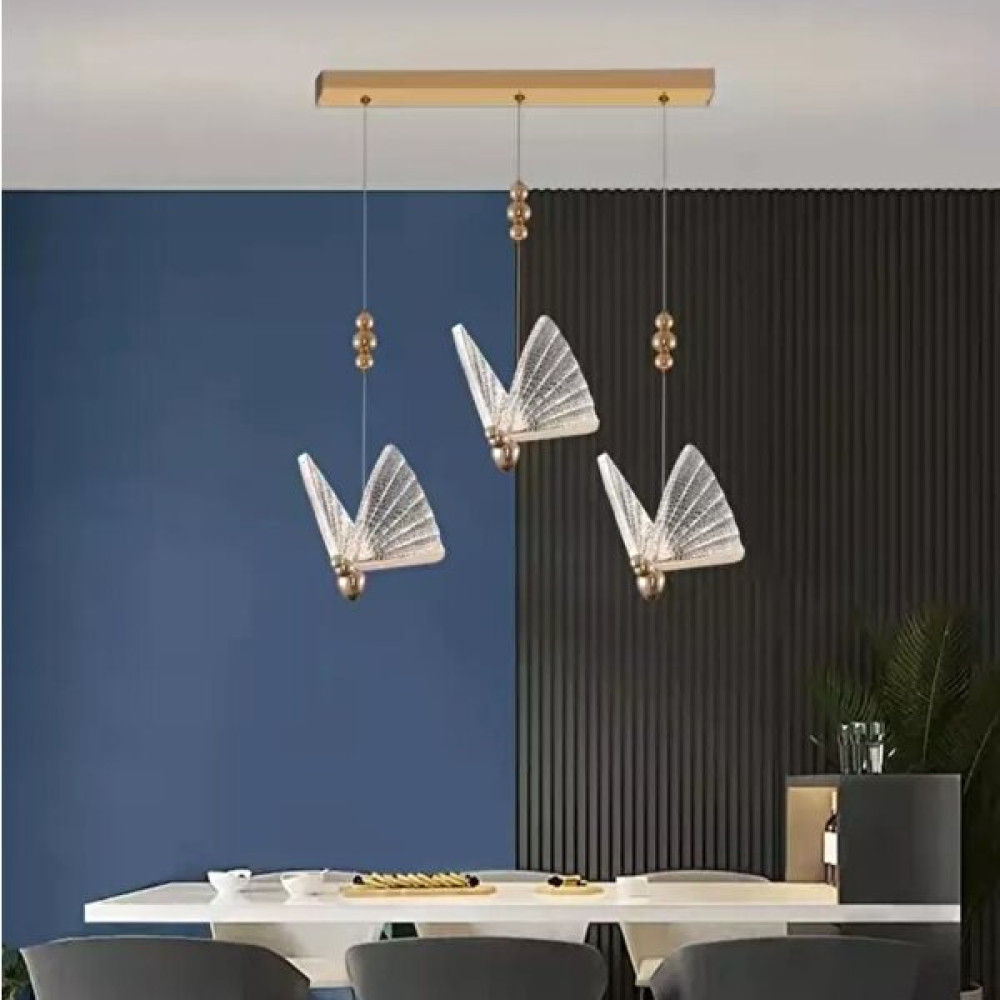 Zage Aydınlatma Elegance Butterfly Modern Kelebek Tasarım Üçlü Sarkıt LED Avize Sıralı Yemek Masası Gold Sarı Avize Fiyatı