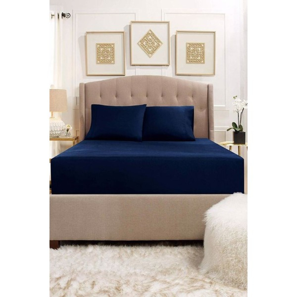 Zambak Tekstil Çift Kişilik Battal Lastikli Çarşaf Seti Pamuklu - 200 x 200 cm - Lacivert Çarşaf Fiyatı