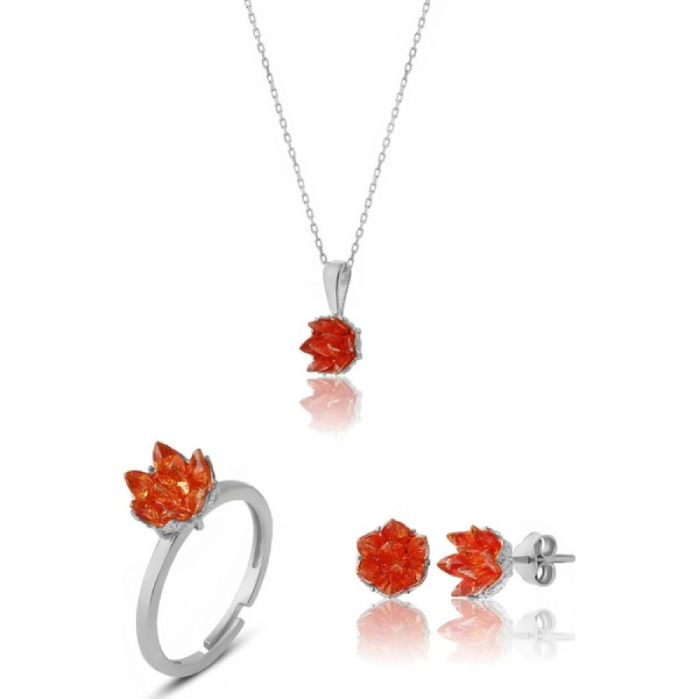 Zanaat Silver 925 Ayar Gümüş Orange Taşlı Lotus Çiçeği Takım & Seti - Standart - Turuncu Gümüş Kolye Fiyatı