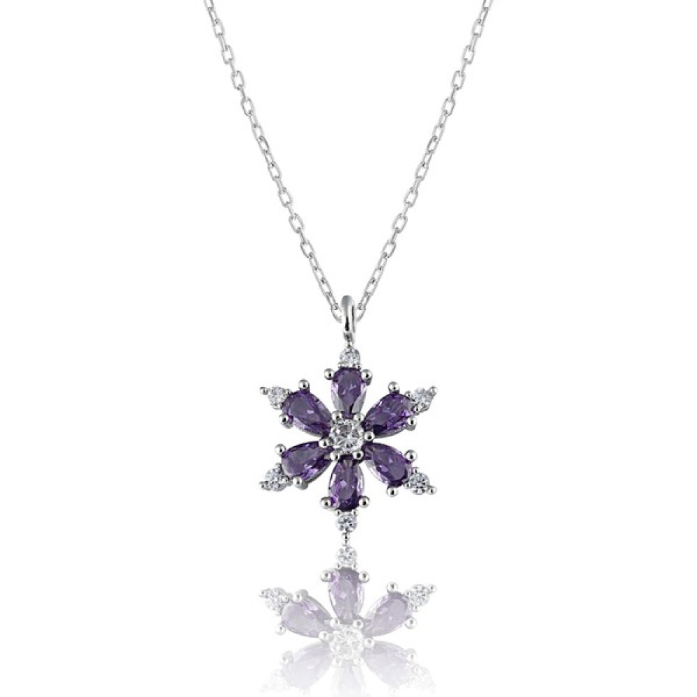 Zanaat Silver 925 Ayar Gümüş Zincirli Ametist Taşlı Rodyum Kaplama Lotus Kamelya Çiçeği Kolye - Bakır Rengi - Mor Gümüş Kolye Fiyatı