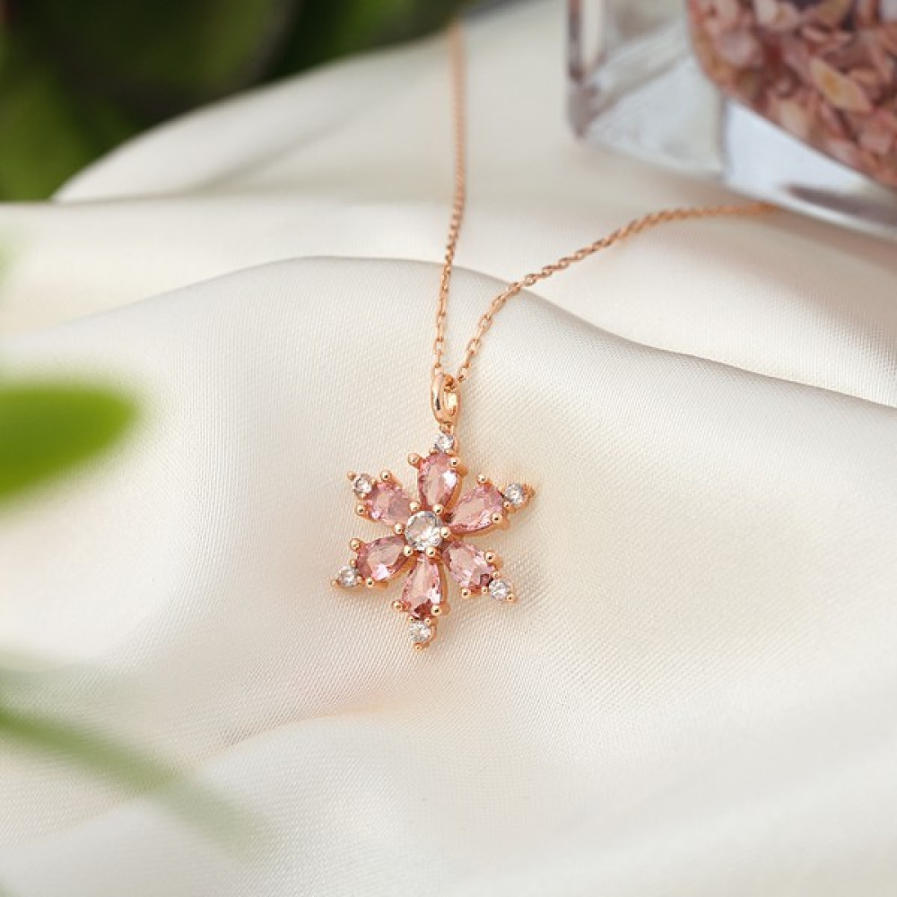 Zanaat Silver Gümüş Zincirli Pembe Taşli Rose Kaplama Lotus Kamelya Çiçeği Kolye - 45 cm Gümüş Kolye Fiyatı