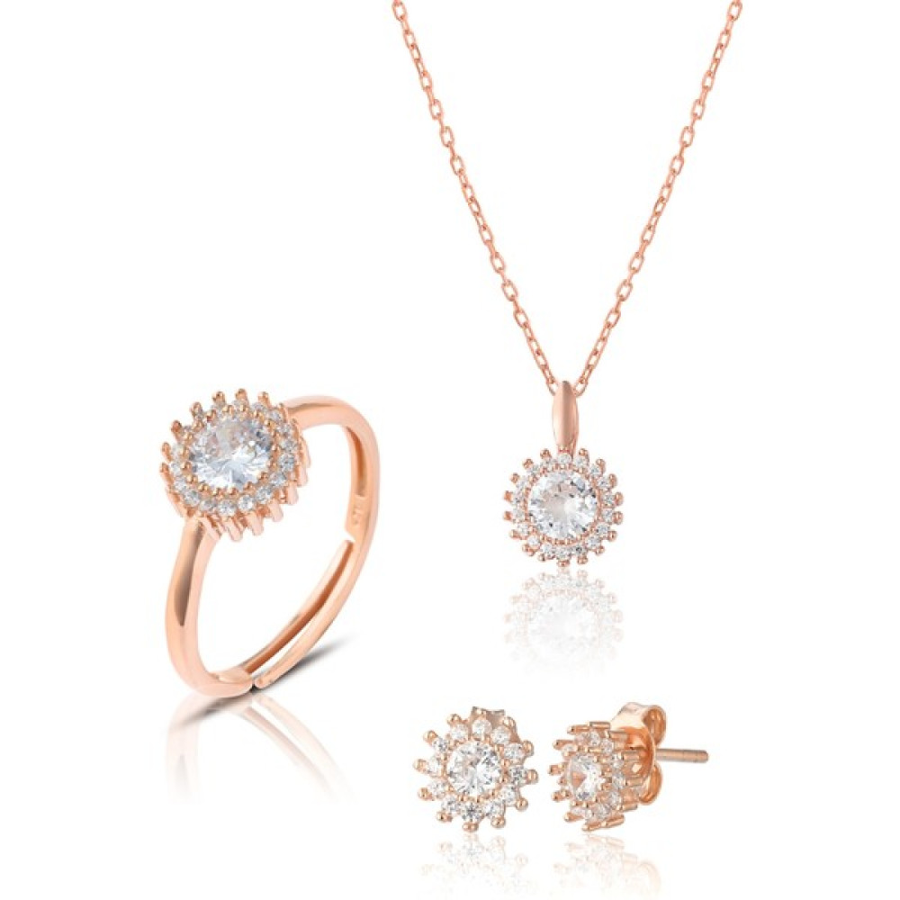 Zanaat Silver Zanaatsilver 925 Ayar Gümüş Rose Kaplamalı Elmas Montürlü 3'lü Set & Takım - Standart Gümüş Kolye Fiyatı