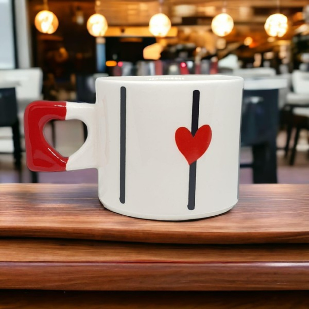 Zarif Kırmızı Kalp Desenli El Yapımı Doğal Seramik Kalp Kupa / Mug - Çay & Kahve Fincanı - Beyaz - Kırmızı Fincan / Bardak / Kahve Takımı Fiyatı