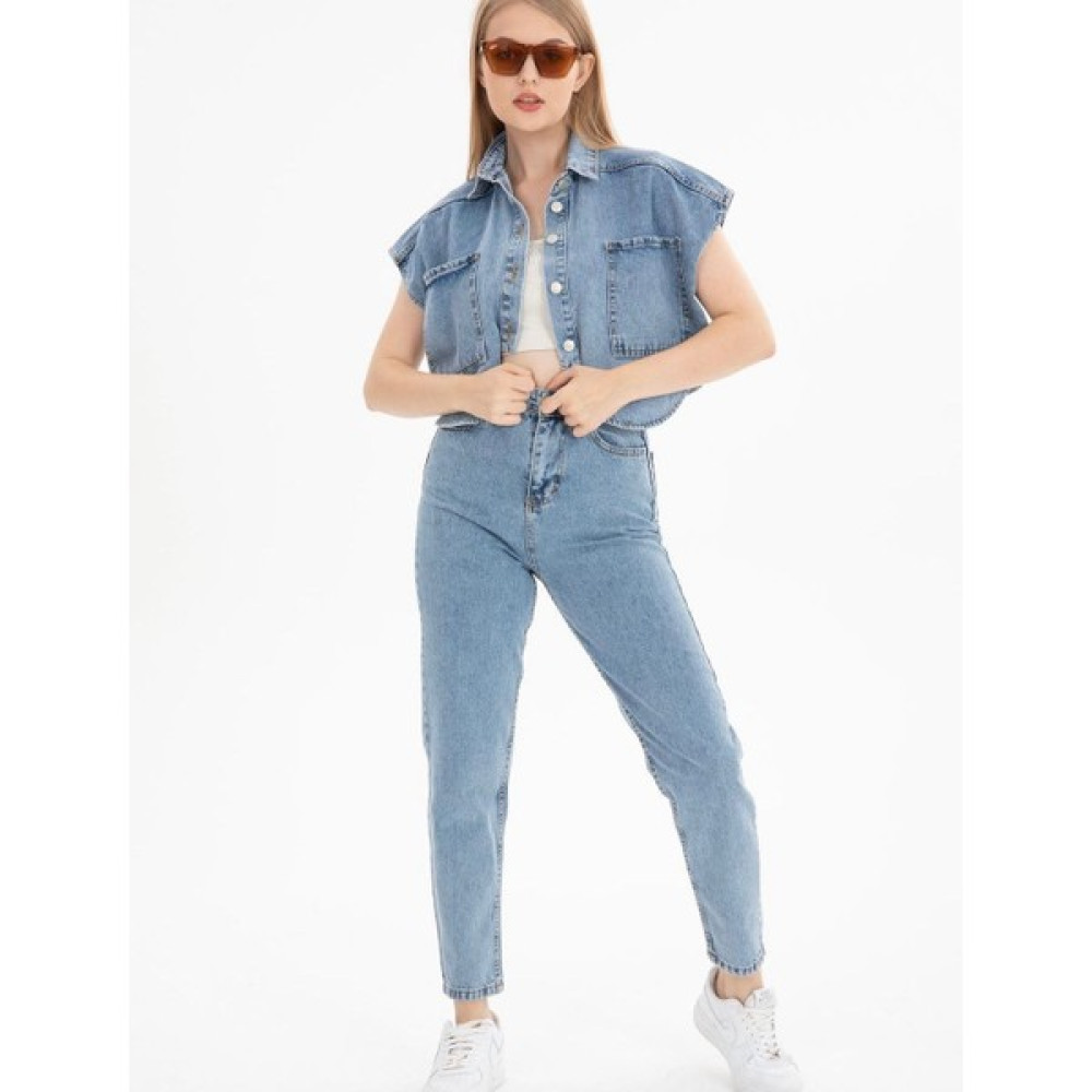 Zaroli Kadın Mavi Yüksek Bel Mom Jean Crop Yelek Alt Üst Denim Takım Bayan Jeans / Kot Pantolon Fiyatı