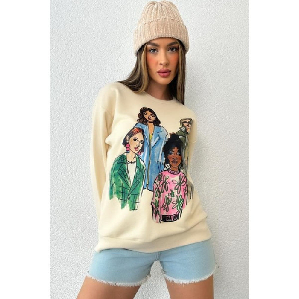 Zaroli Kadın Oversize Baskılı Ribanalı Örme Sweatshirt Bayan Sweatshirt Fiyatı
