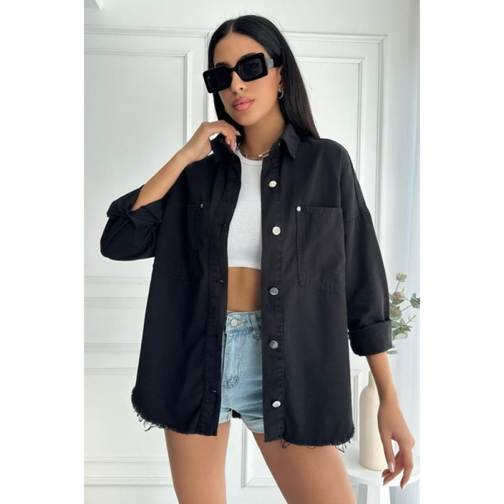 Zaroli Kadın Oversize Etek Ucu Püsküllü Denim Siyah Gömlek Kadın Gömlek Fiyatı