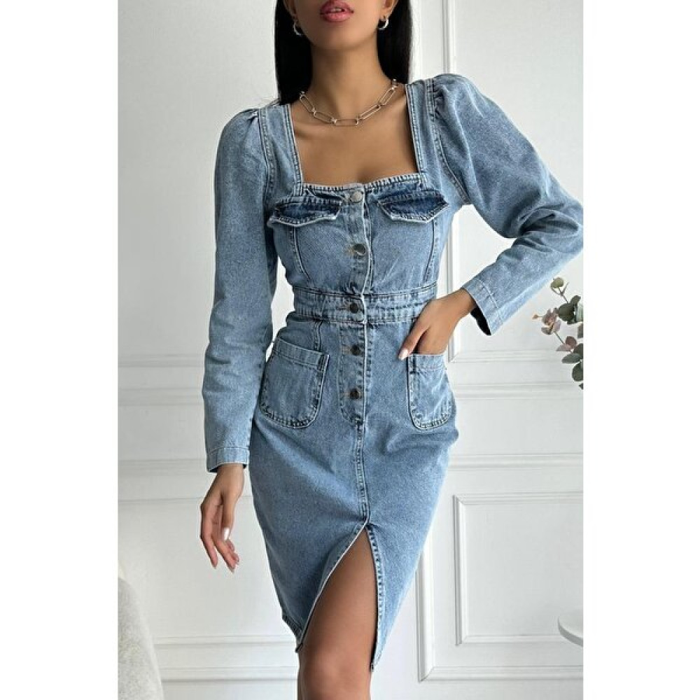 Zaroli Kadın Yırtmaç Detaylı Uzun Kollu Denim Midi Mavi Elbise Elbise Fiyatı