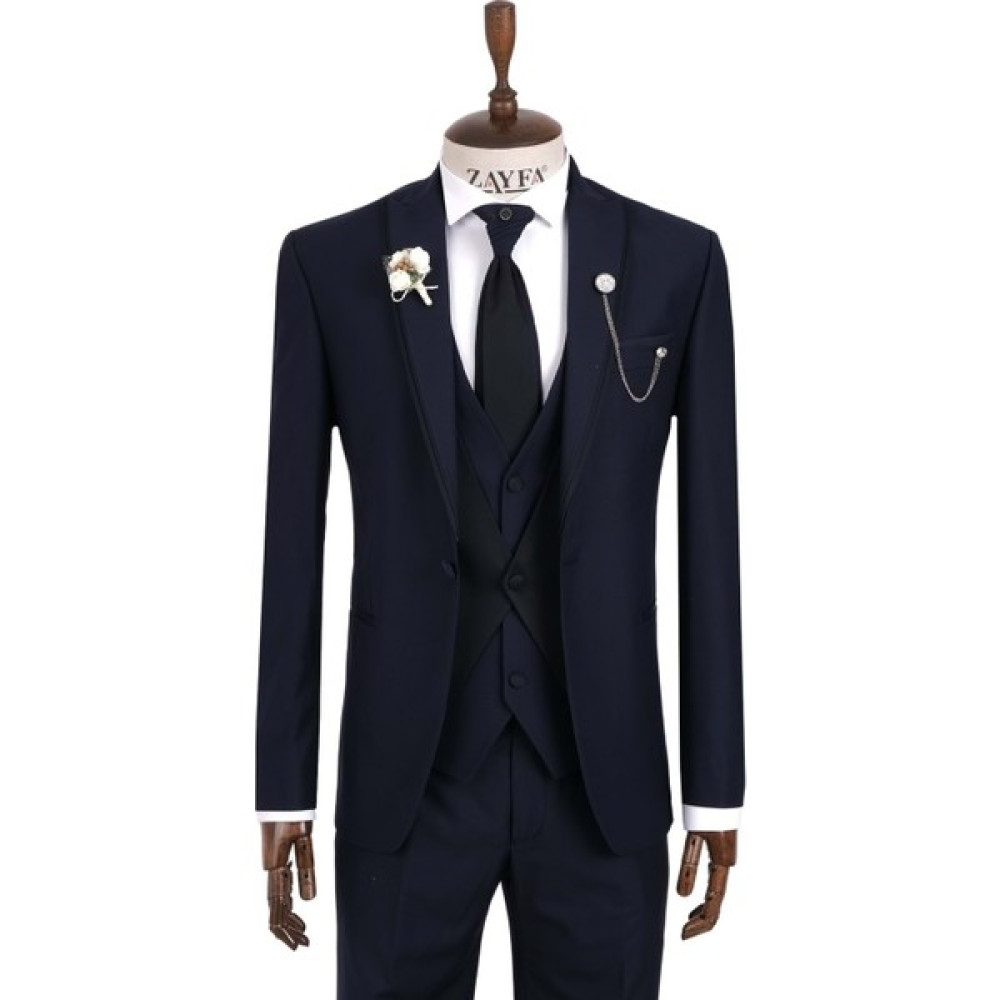 Zayfa Lacivert Slim Fit Yelekli Smokin Damatlık Erkek Takım Elbise Fiyatı