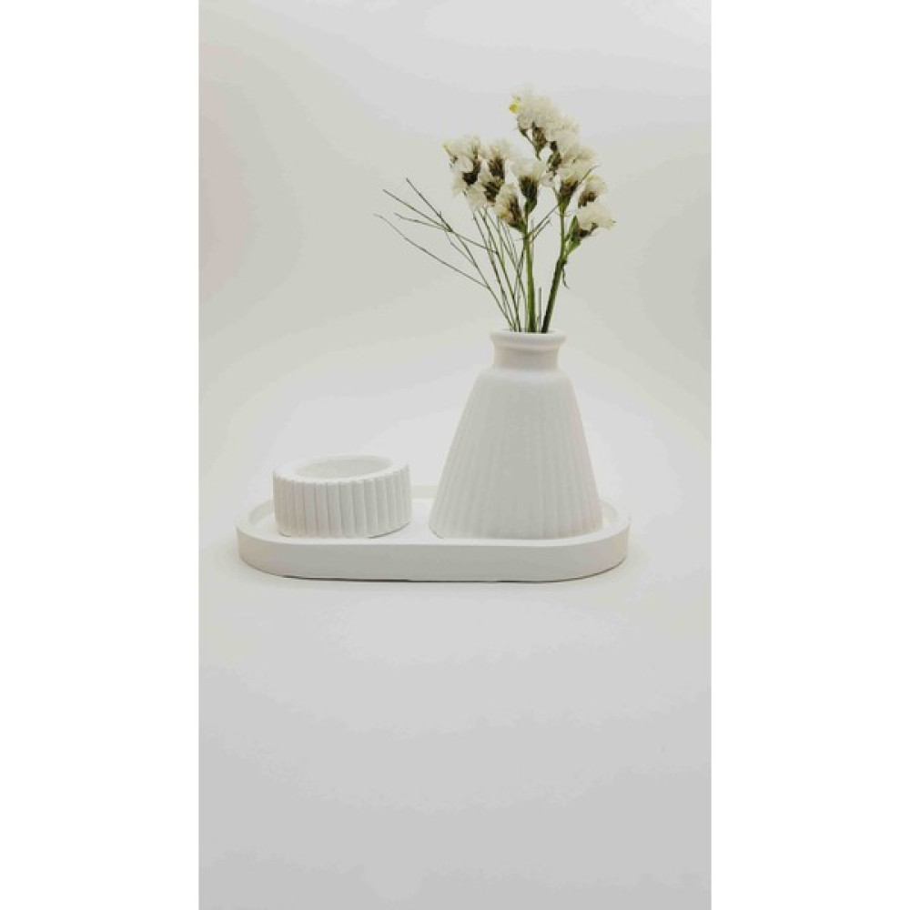 Zbdesignart Dekoratif Oval Sunumluk Çizgili Iskandinav Üçgen Vazo Tealight Set - Beyaz Vazo Fiyatı