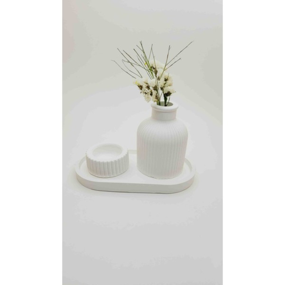 Zbdesingart Oval Sunumluk Çizgili Iskandinav Vazo Tealight Set - Beyaz Vazo Fiyatı