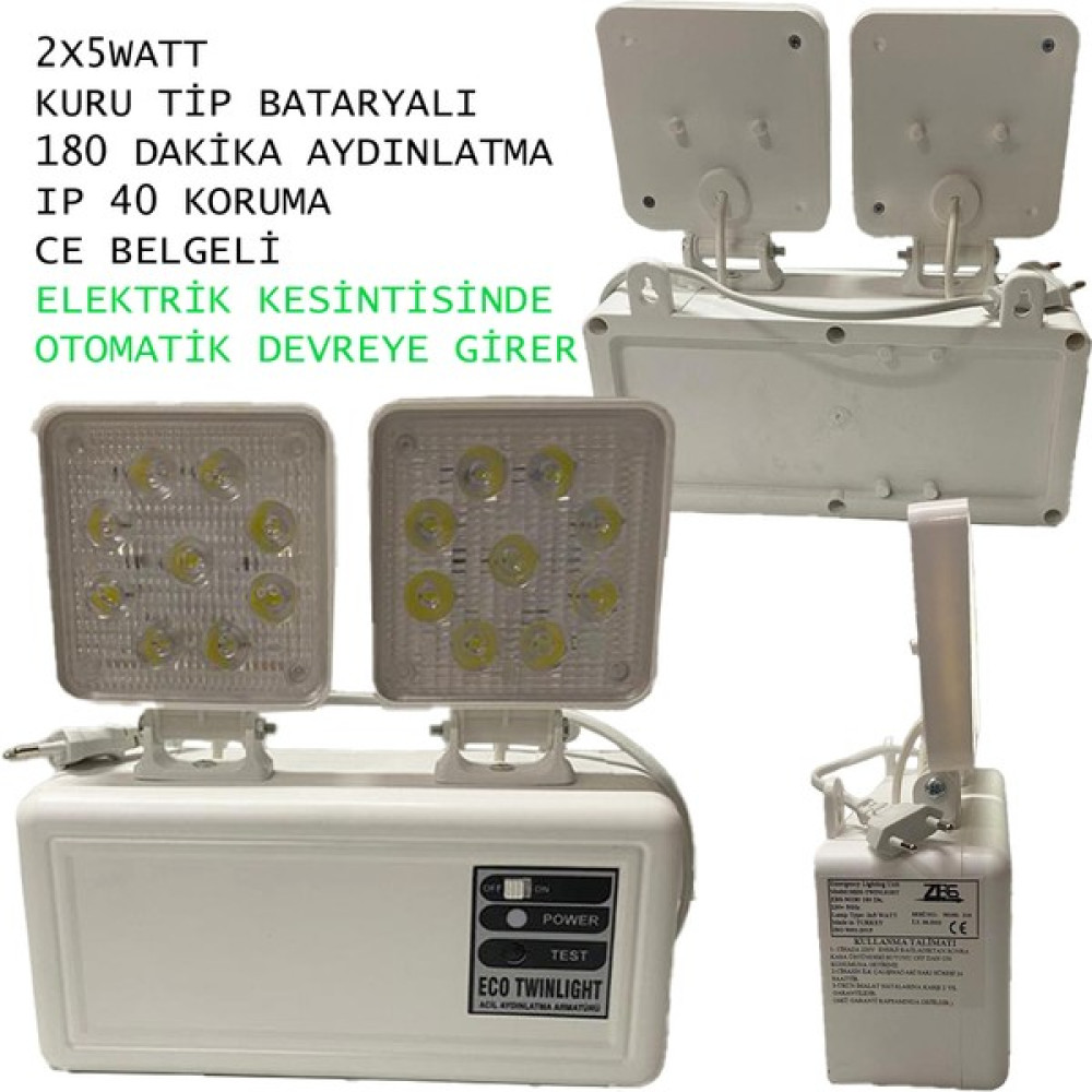 Zbs Elektronik Twinlight-Midi Acil Aydınlatma Armatürü Acilde 180 Dak. Aydınlatır 2X5W - 6500K - Beyaz Işık Armatür Fiyatı
