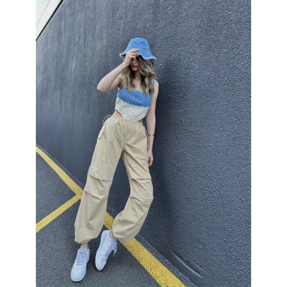 ZDN Jeans W1735 Beli Lastikli Bej Paraşüt Pantolon Bayan Jeans / Kot Pantolon Fiyatı