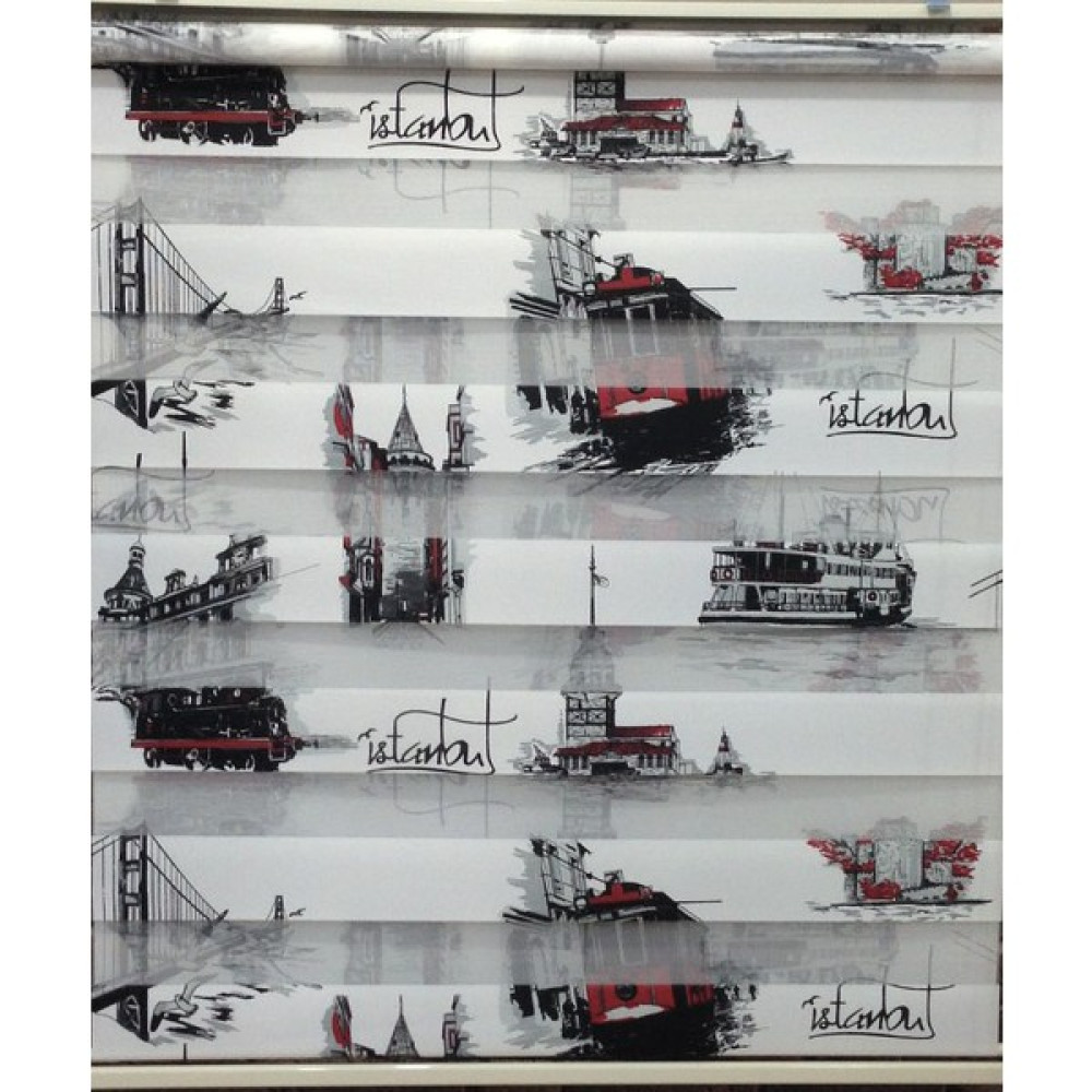 Zebraevim Siyah-Kırmızı İstanbul Desenli Zebra Perde  Etek Dilimli - 170 x 200 cm Perde Fiyatı