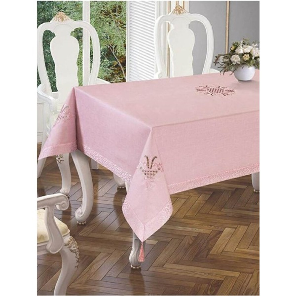 Zelal Nakışlı Püsküllü Dertsiz Leke Tutmaz Masa Örtüsü - 140 x 180 cm - Açık Kahverengi Masa Örtüsü Fiyatı