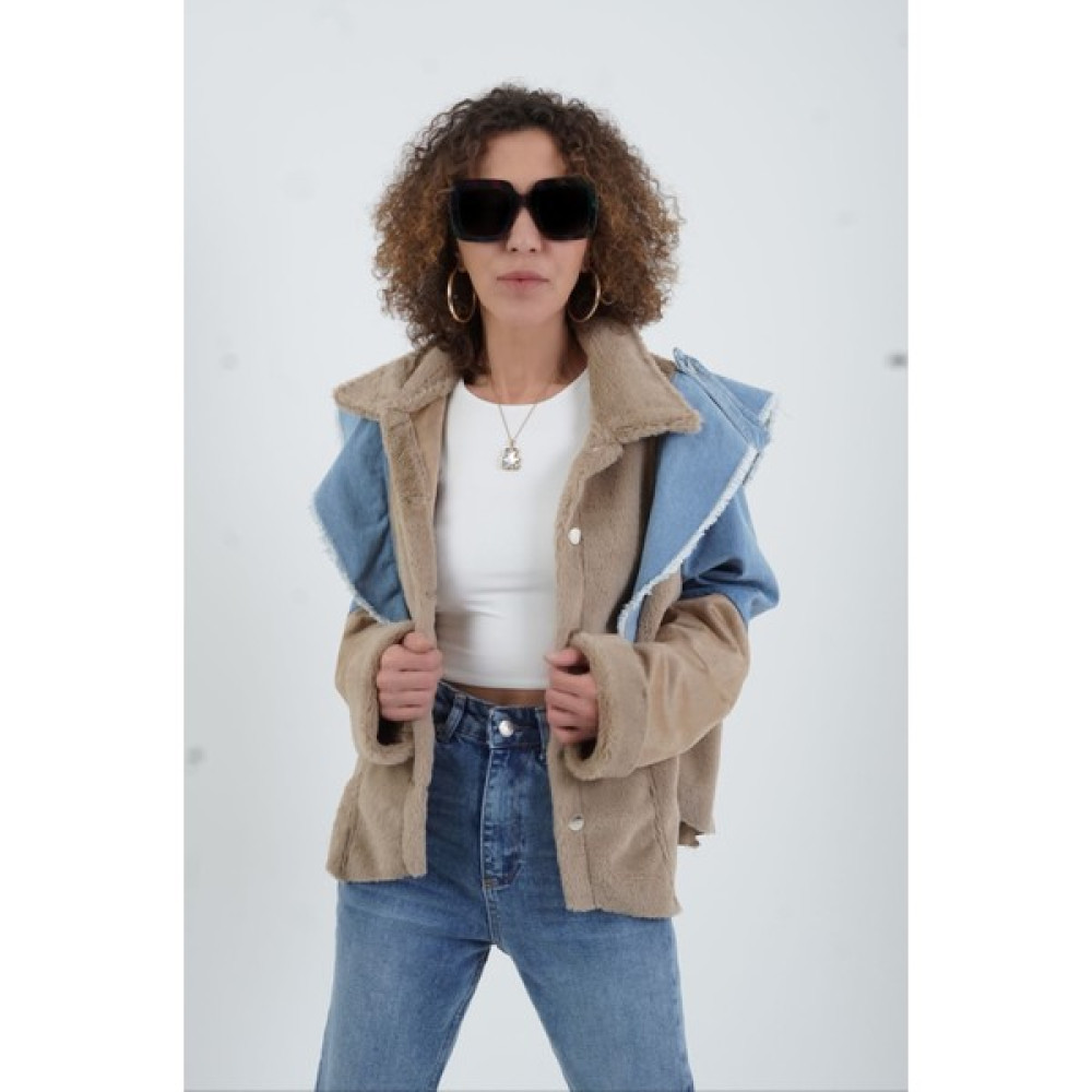 Zelish My Sister Bej Denim Detaylı Suni Kürk Güderi Mix Mont Bayan Mont Fiyatı