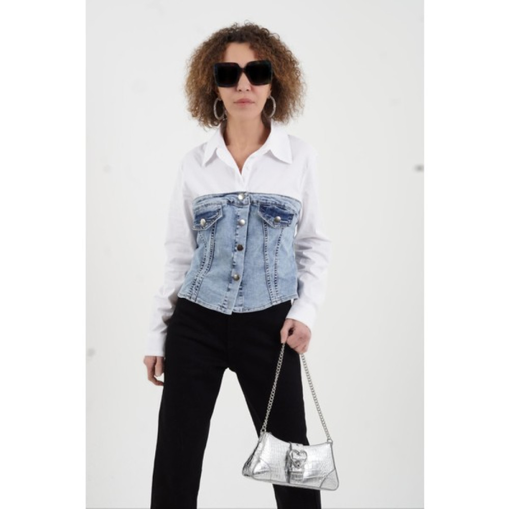 Zelish My Sister Beyaz Cepli Denim Detaylı Gömlek Kadın Gömlek Fiyatı