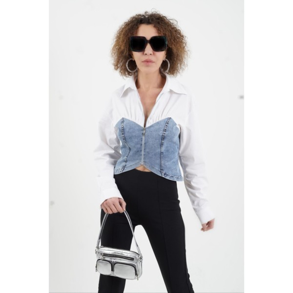 Zelish My Sister Beyaz Denim Büstiyer Detaylı Fermuarlı Gömlek Kadın Gömlek Fiyatı