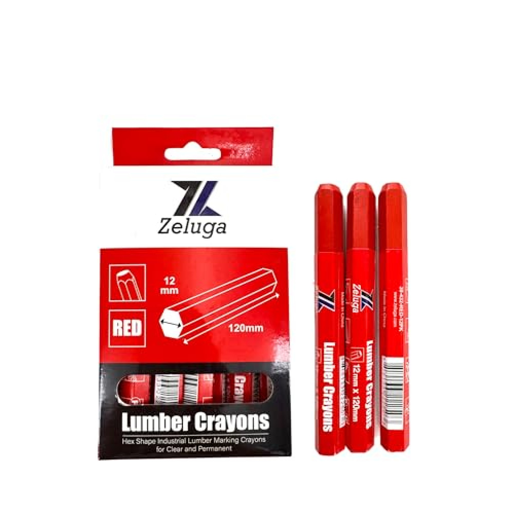 Zeluga 4.7in. x 0.47in. Hex Shape Industrial Lumber Marking Crayons for Clear and Permanent Markings, Red 12 Pack