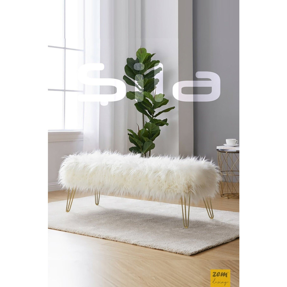 Zem Şila Bench Beyaz Peluş - Gold Ayaklı Puf Fiyatı