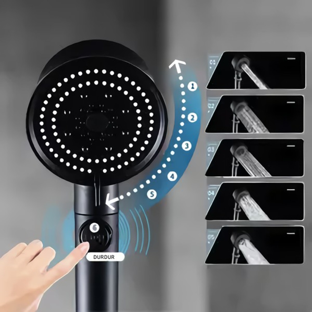 Zemus 5 Fonksiyonlu Duş Başlığı Turbo Fan Duş Başlığı Siyah Duş Başlığı Fiyatı