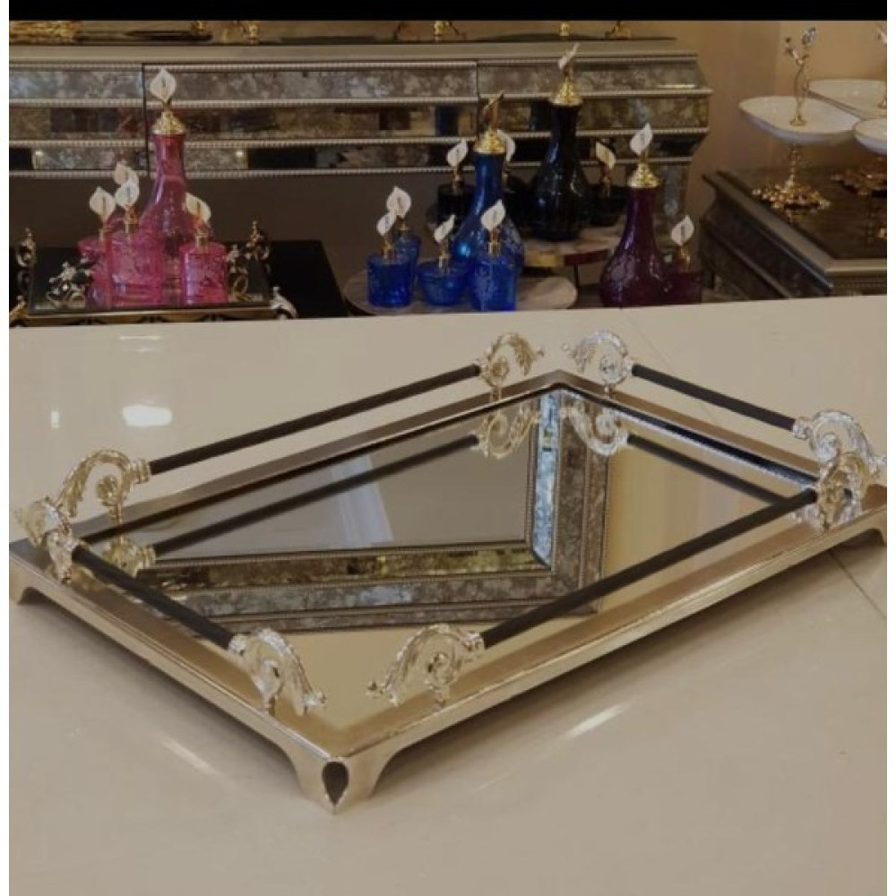 Zen Home Avangarde Gümüş Metal Aynalı Ayaklı Üstün Kalite Muhteşem Tepsi Servis Tepsisi Fiyatı