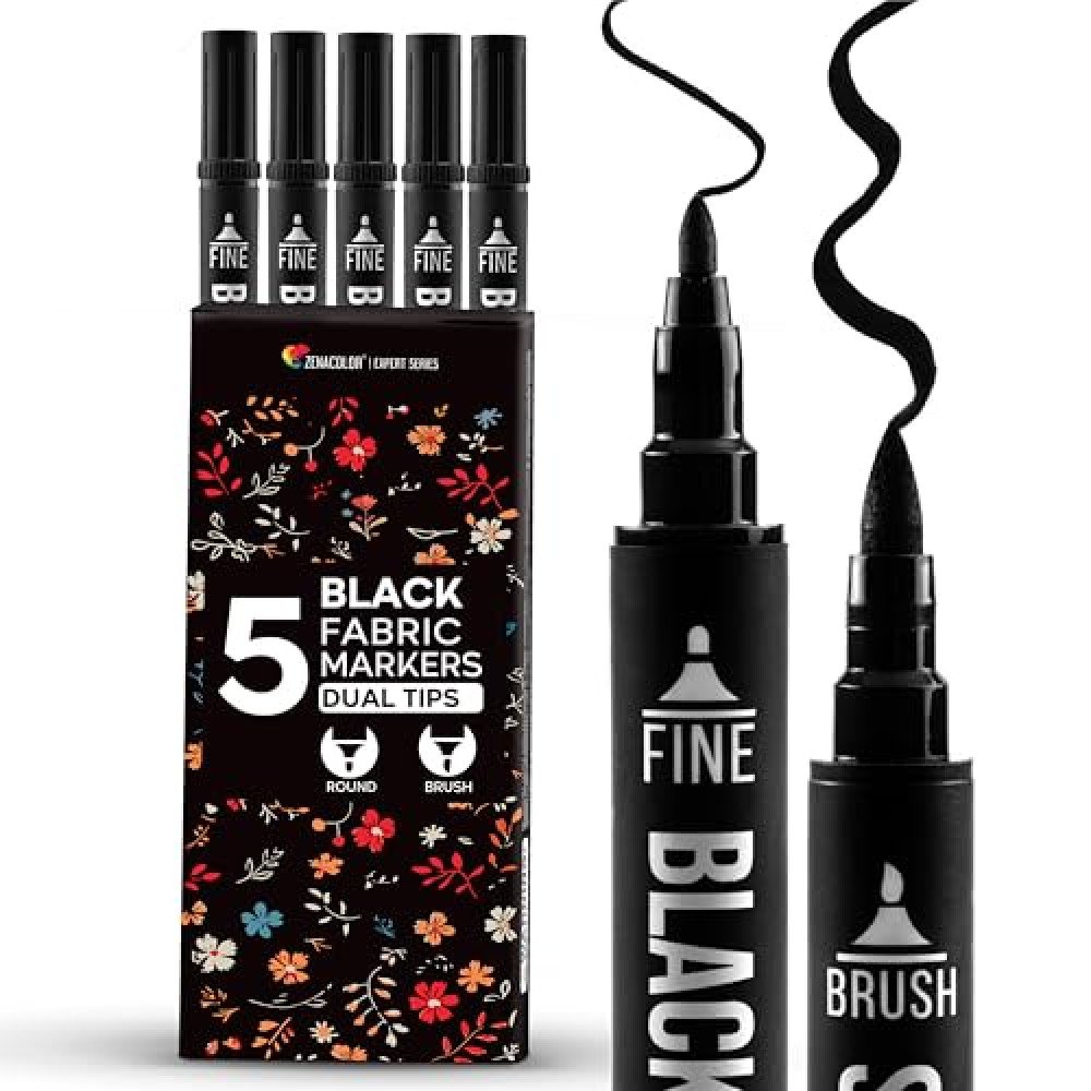 Zenacolor 5 Dual-Tip Black Fabric Markers Permanent for Clothes - Fabric Paint Pens for Personalizing Shirts Bags Hats Canvas and Textiles
