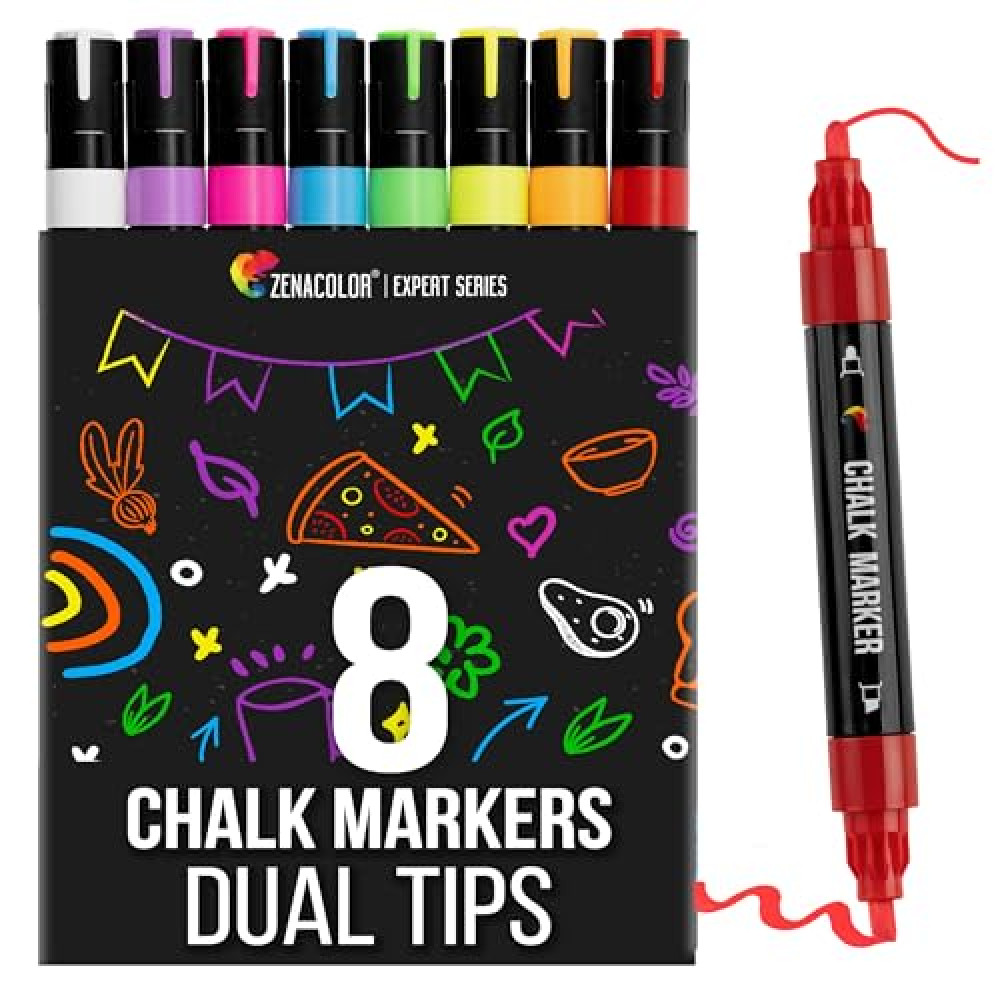 Zenacolor Liquid Chalk Markers Dual Tips - 8 Vibrant Colors, Non-Toxic Chalkboard Markers Quick-Drying, Erasable Chalk Markers for Blackboard, Windows, Glass, Cars - 24 Labels Included