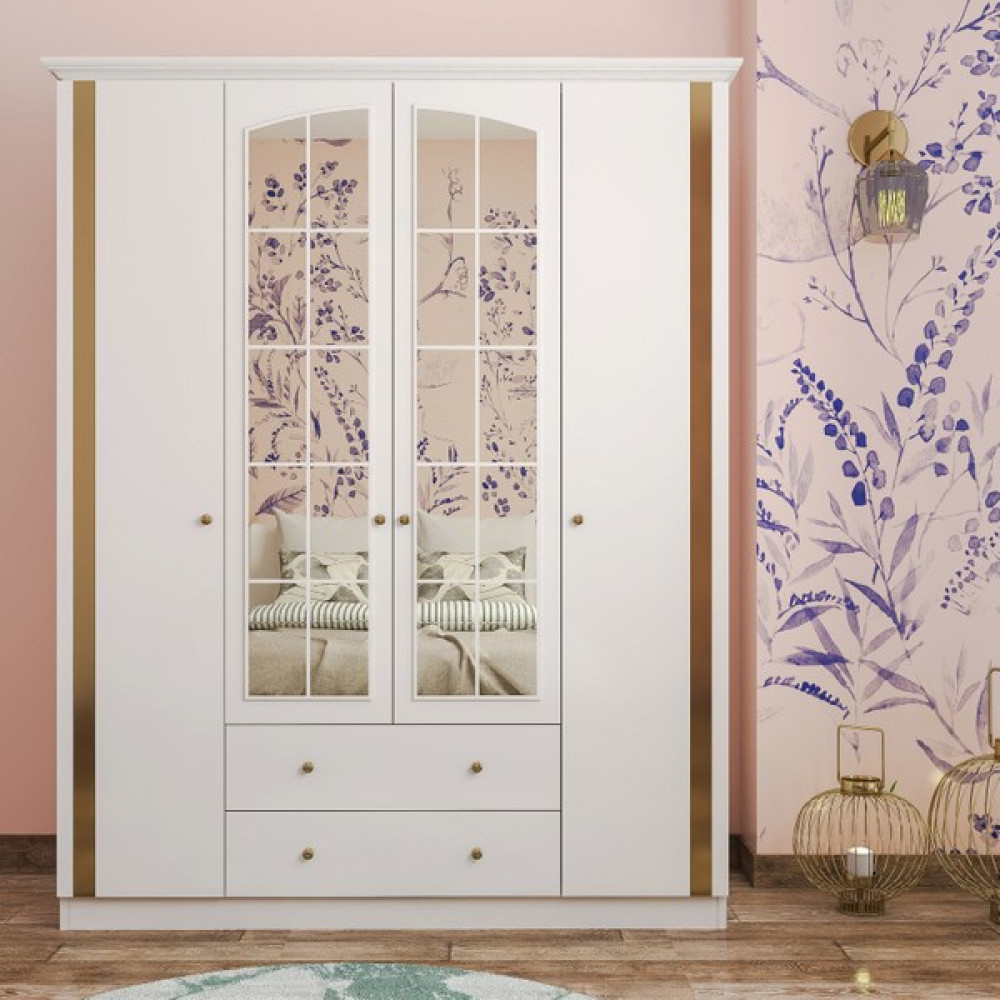 Zenio Rose Gold 4 Kapak 2 Çekmece Gardırop - Beyaz Gardrop & Dolap Fiyatı