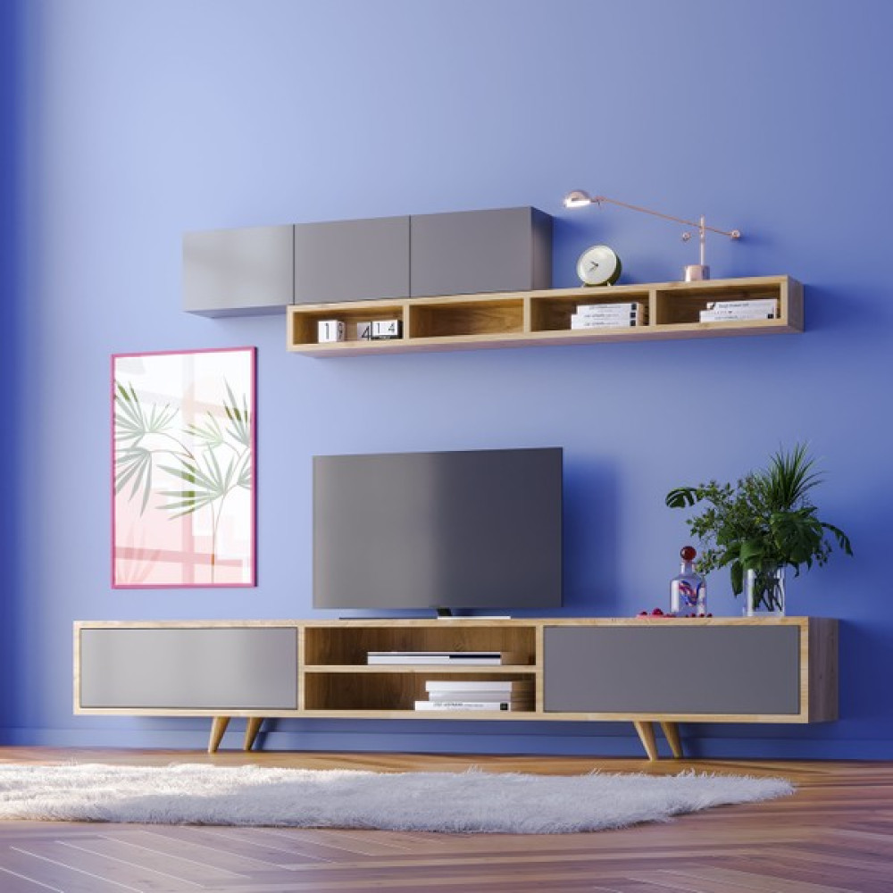 Zenio Rose Tv Ünitesi Duvar Rafı ve Dolaplı 170 cm - Meşe/antrasit - Safir - Antrasit Tv Ünitesi / Sehpası Fiyatı